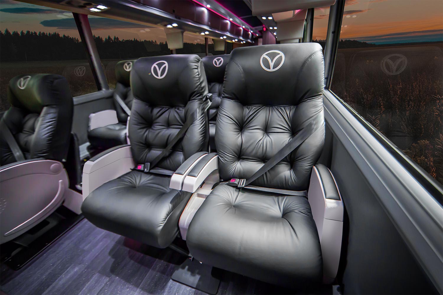 The seats on a Vonlane bus, a luxury coach that travels through Texas